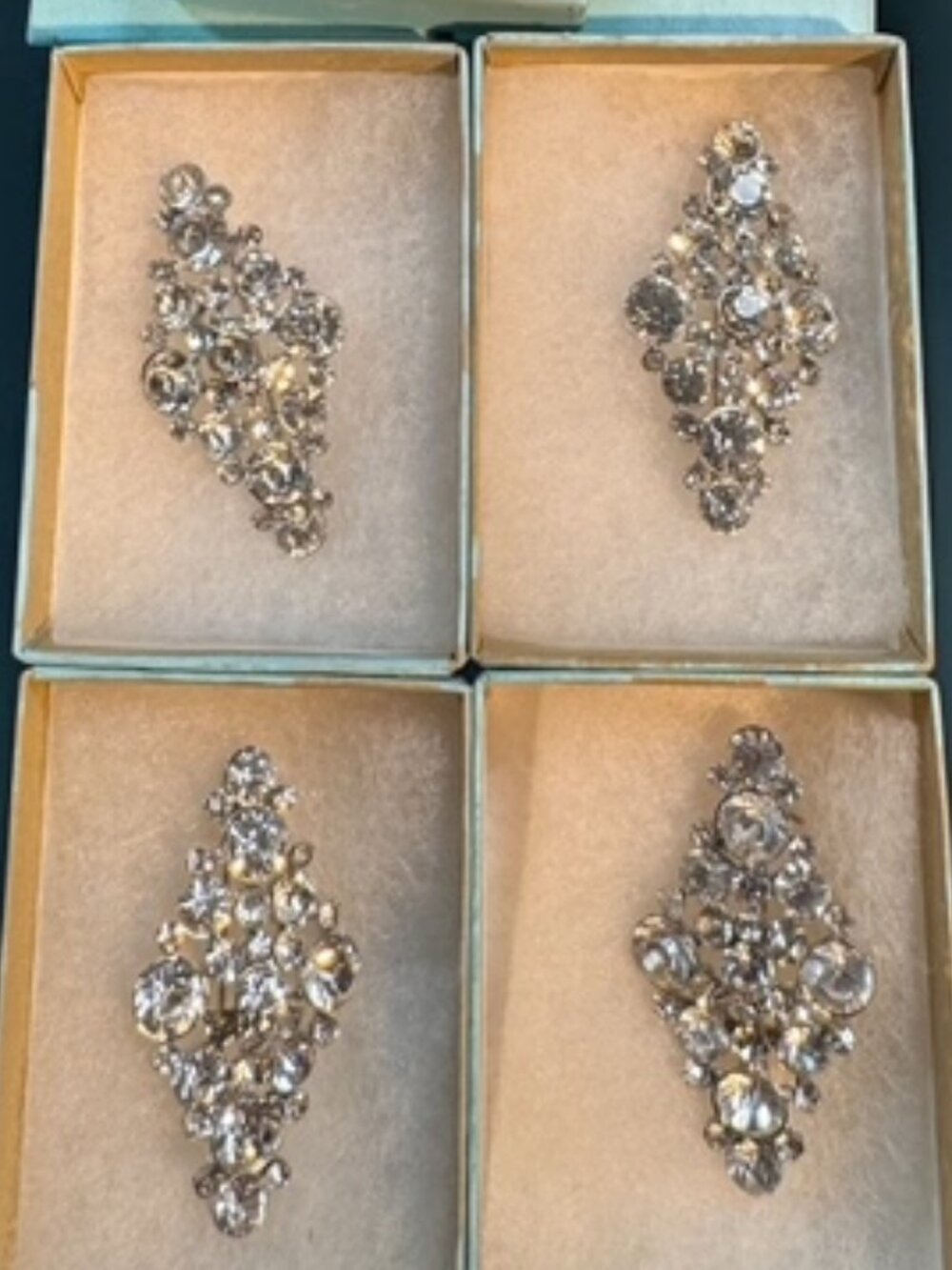 Set of 4 Identical RHINESTONE BROOCHES in Boxes